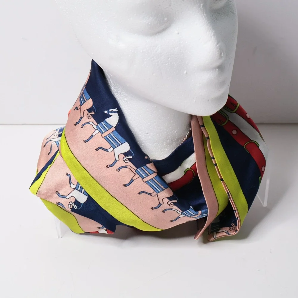 Handmade Equestrian Horse & Belt Print Skinny Scarf Navy Pink Lime‎ Green 56